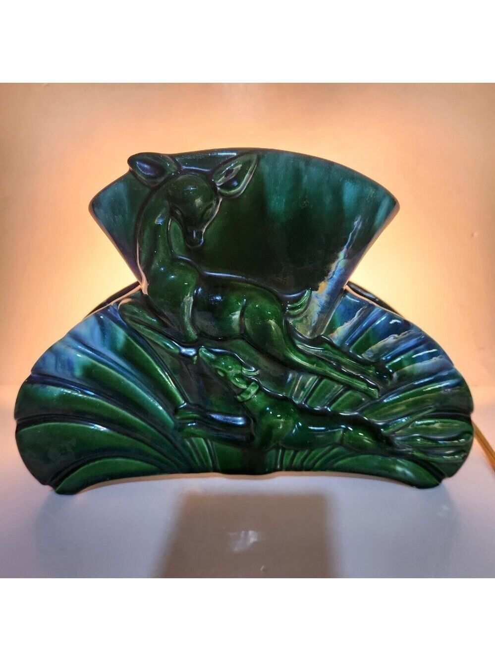 Vintage Ceramic Planter Lamp – Leaping Deer – Mid Century Green Glaze - Picture 2 of 15